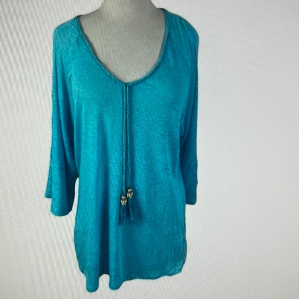 Moon & Meadow turquoise linen cold shoulder top with tassel front